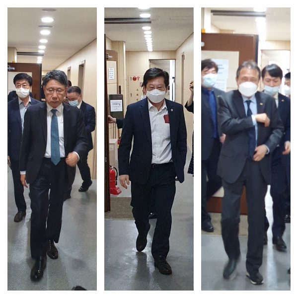 왼쪽부터 송재찬 병협 수가협상단장, 박홍준 의협 단장, 마경화 치협 단장