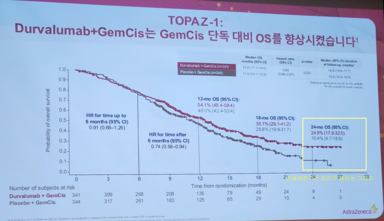 임상시험에서 전체생존기간 그래프 꼬리가 들렸다(자료: 아스트라제네카)