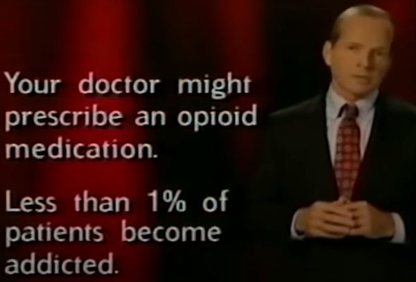 사진. 퍼듀 파마가 1998년에 진행한 옥시콘틴 마케팅 광고. 문구에는 중독을 겪는 환자는 1% 미만이라고 적혀 있다.
