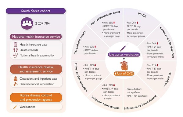 그림. 경희대학교 의과대학 연동건 교수 연구팀이 세계 최초로 대상포진 생백신 접종이 심혈관 질환 예방에 효과가 있음을 밝혔다. 그림은 연구 모식도