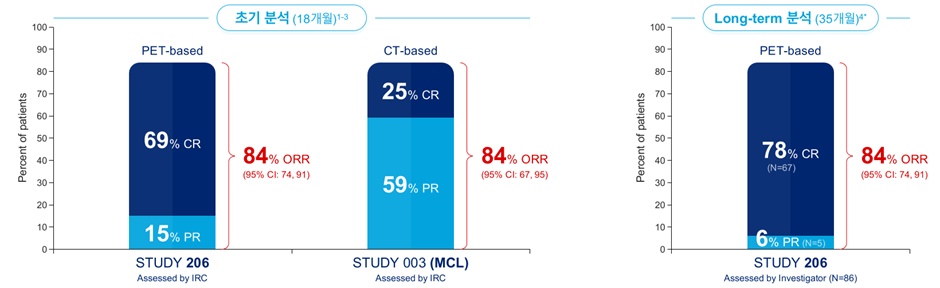 STUDY 206 연구: 이전에 치료받은 적이 있는 MCL 환자 대상, 18.4개월 및 35개월 추적 관찰 동안 84%의 ORR 확인