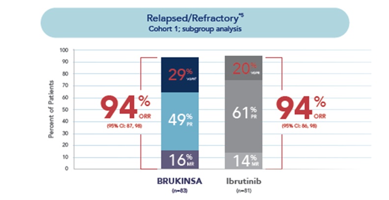 ASPEN 연구: R/R WM 환자 대상, 이브루티닙 대비 브루킨사군에서 ORR 94% 및 더 높은 VGPR 비율 확인