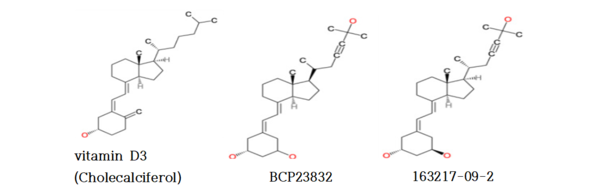 그림 1. 다발성경화증에 유효할 것으로 추정되는 비타민 D 유사체의 화학구조 비교