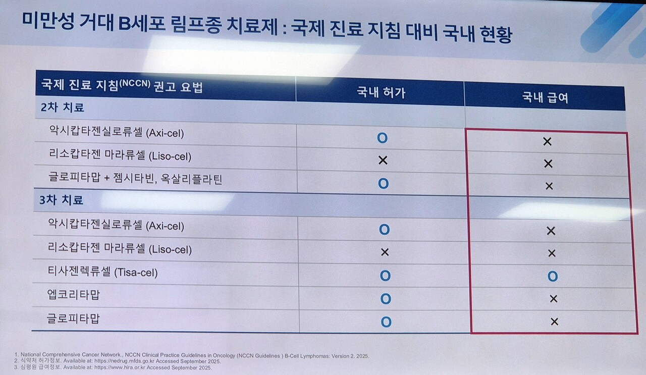 국제 진료 지침 대비 국내 DLBCL 치료제 허가/급여 현황