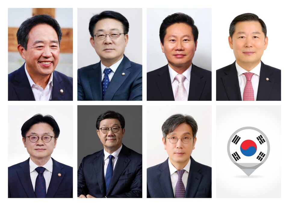 (왼쪽부터 시계방향으로) 국민의힘 강승규 의원, 더불어민주당 허종식 의원, 한국시민교육연합 이상수 대표, 국회 산업통상자원중소벤처기업위원회 이철규 위원장, 대한미생물학회 김원용 이사장, 한국제약바이오협회 노연홍 회장, 산업통상자원부 김정관 장관