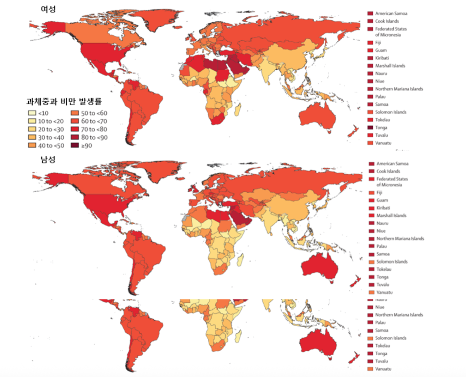 그림 . 2021년, 25세 이상 성인 남녀에서 과체중 및 비만의 연령 표준화 유병률 추정. [출처: Lancet 2025; 405: 813~38]